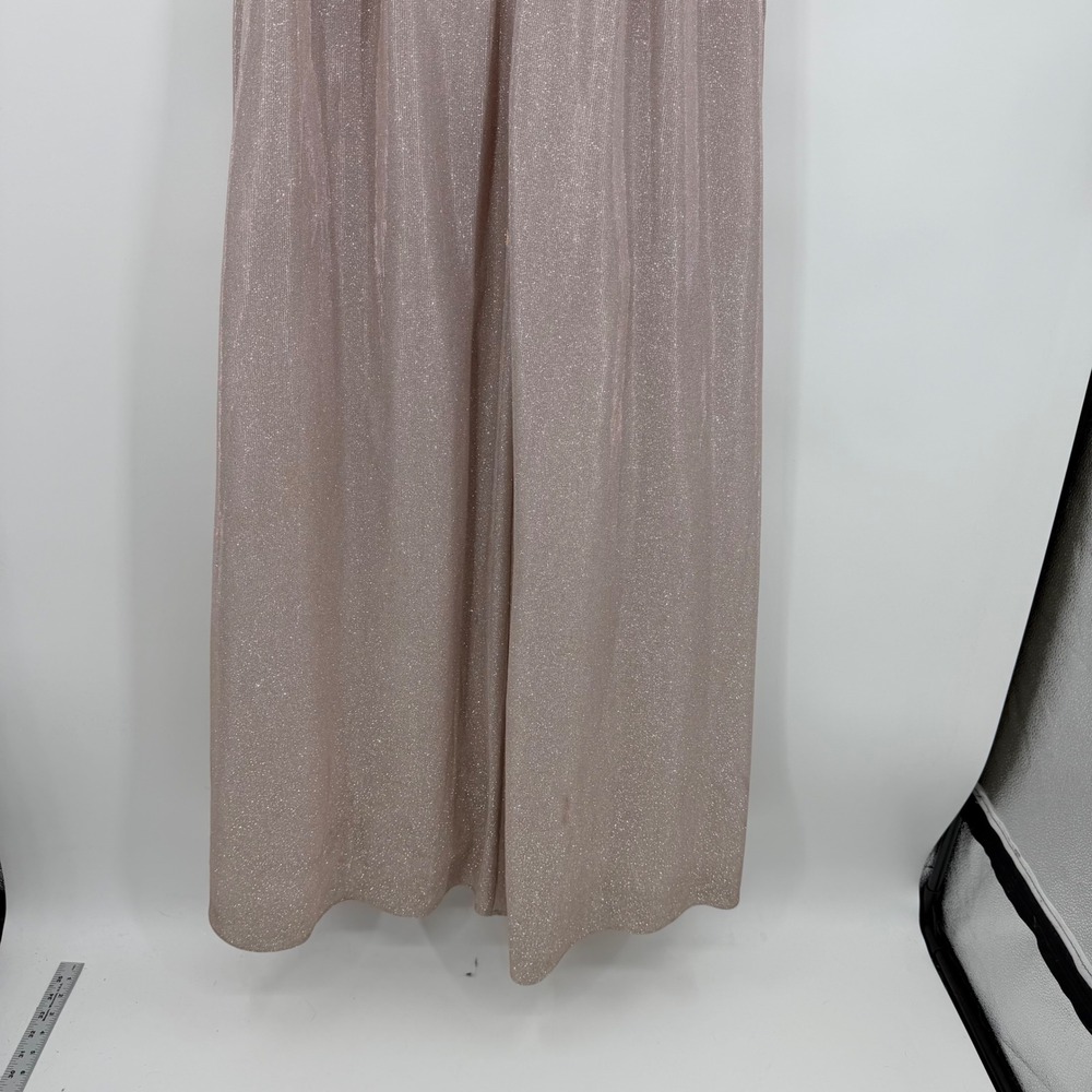 Crystal Doll Champagne Gold Glitter Gown V-Neck Pleated Maxi Dress Pockets 13 - Picture 5 of 7